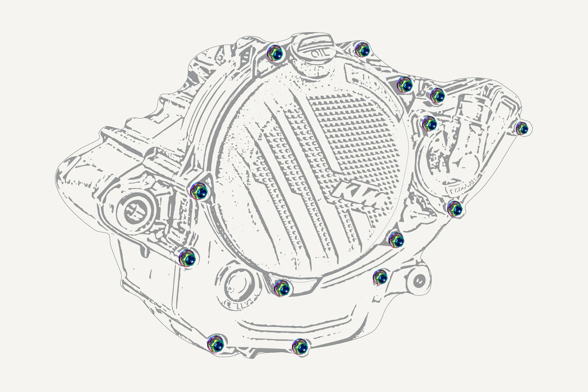 KTM engine illustration with Rainbow titanium bolts